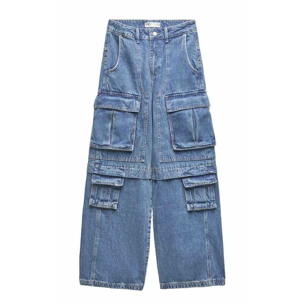 Zara Light Blue Wide-Leg Cargo Jeans